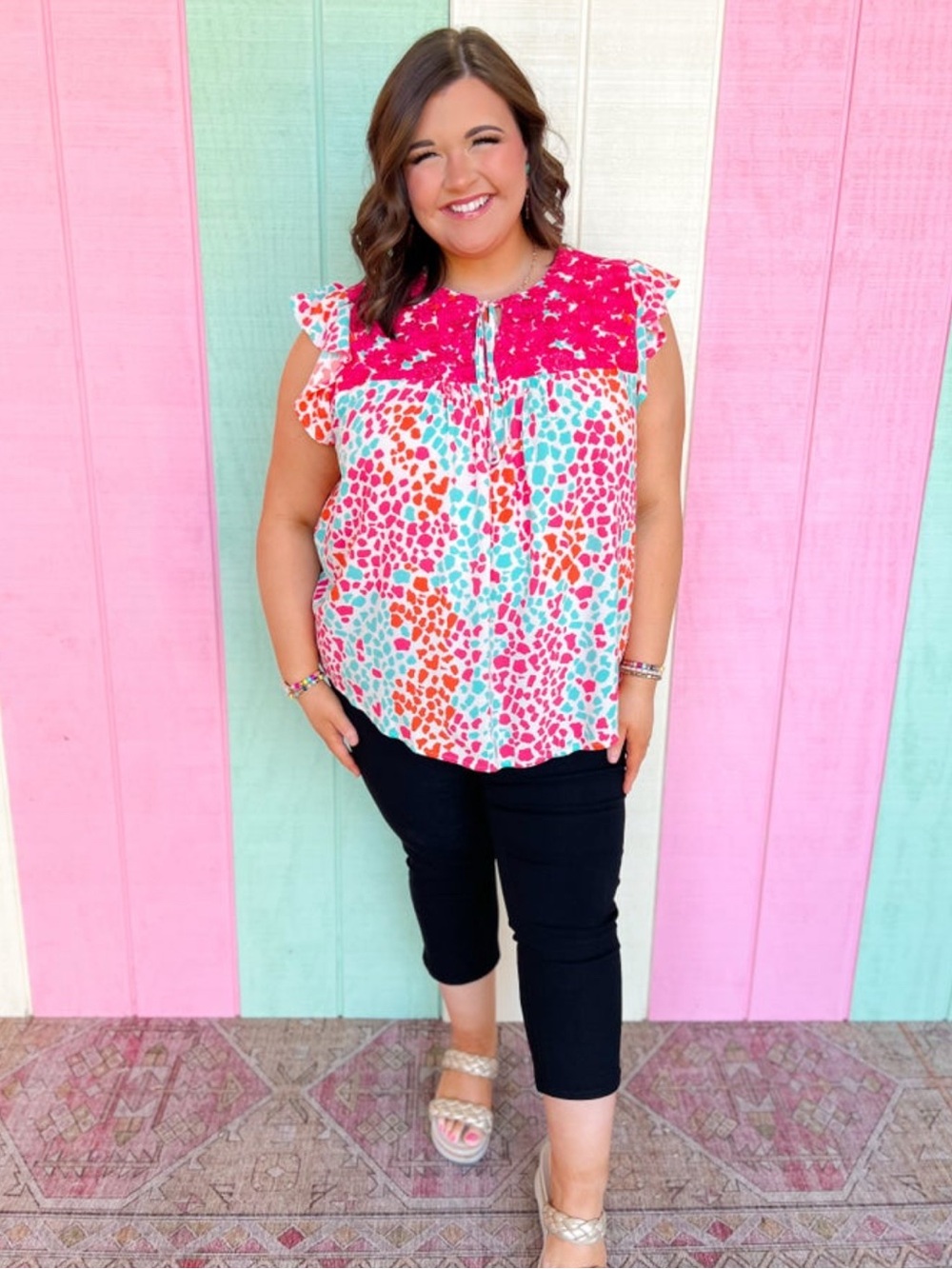 Savanna Jane Pink Multicolor Flutter-Sleeve Blouse